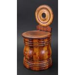 A treen barrel shape salt box, 19th century and later, with hinged cover and ring turnings,