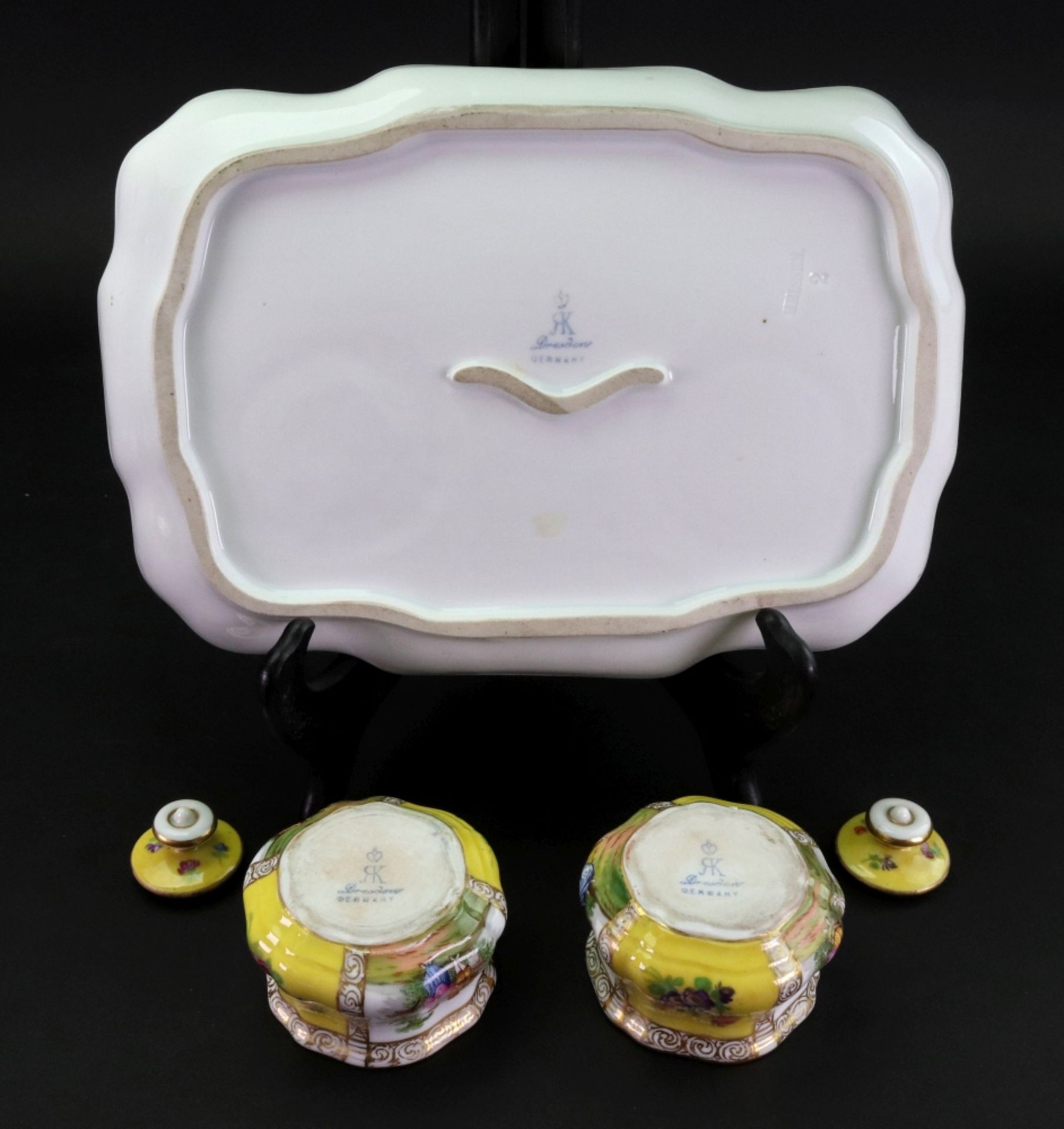 A Dresden yellow ground inkstand, circa 1900, of shaped rectangular form, - Image 3 of 3