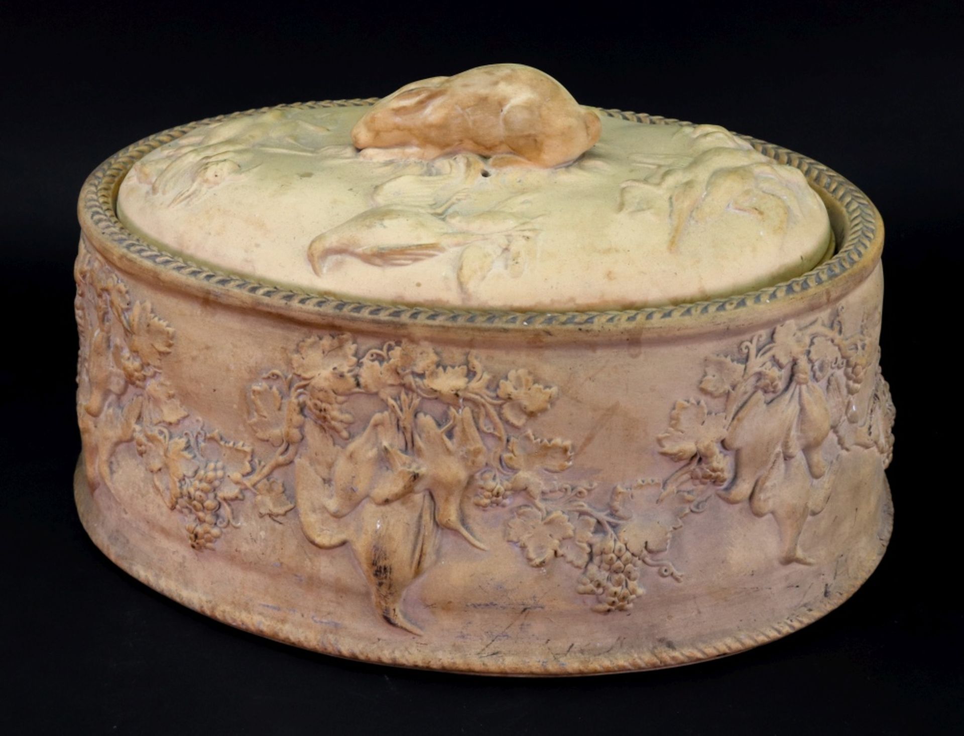 A Wedgwood caneware game pie dish, cover and liner, 19th century, of typical design,