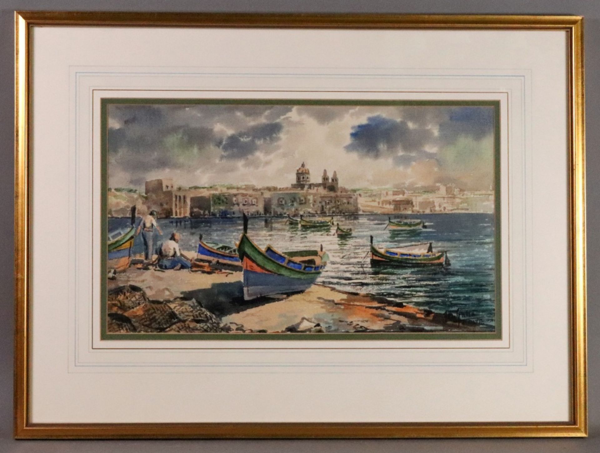 Jospeh Galia (Maltese, 1904-1985), A Maltese harbour, signed and inscribed 'Jos Galia, - Image 2 of 2