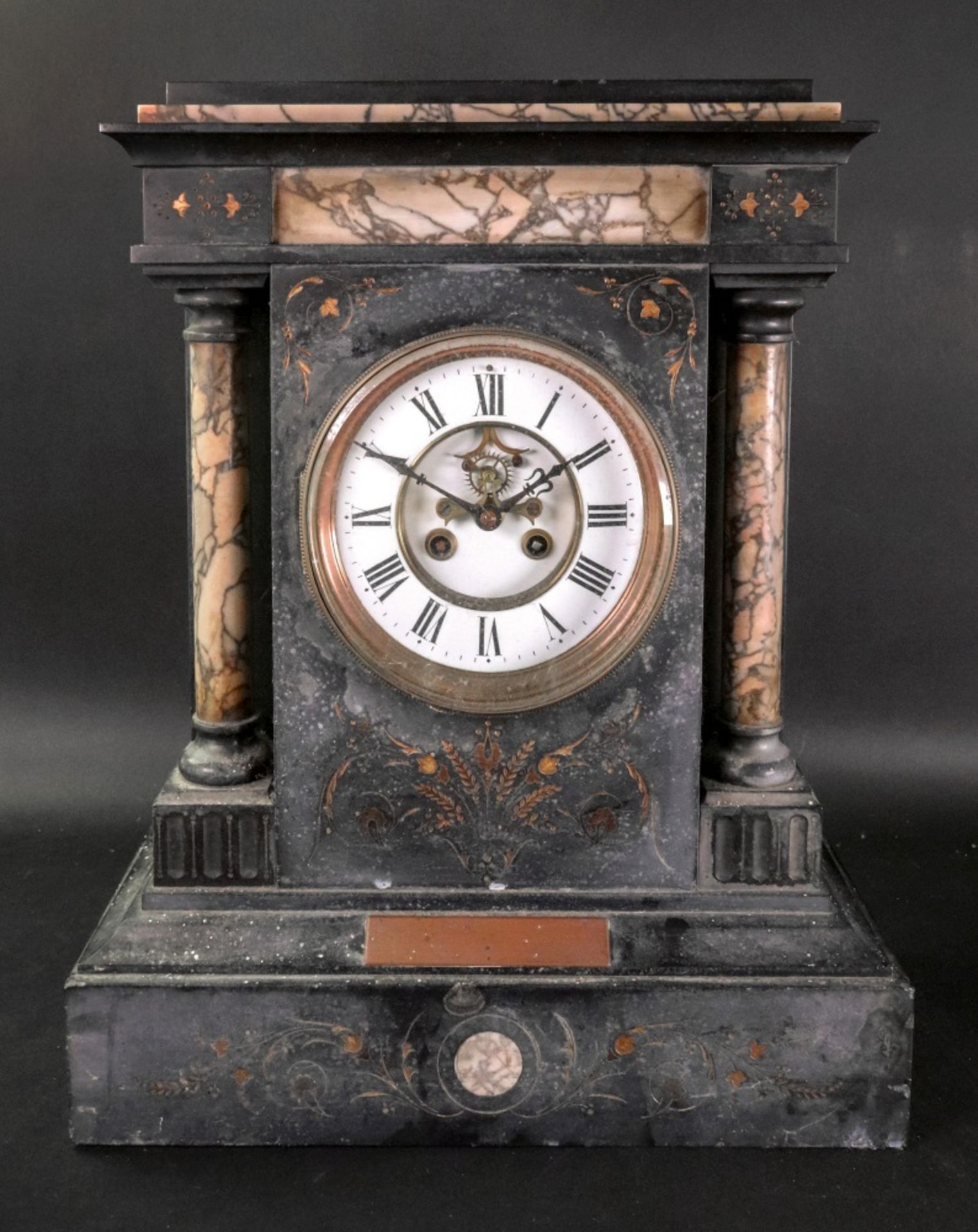 Vincenti & Cie; a black slate and breche violette marble cased mantel clock, late 19th century,