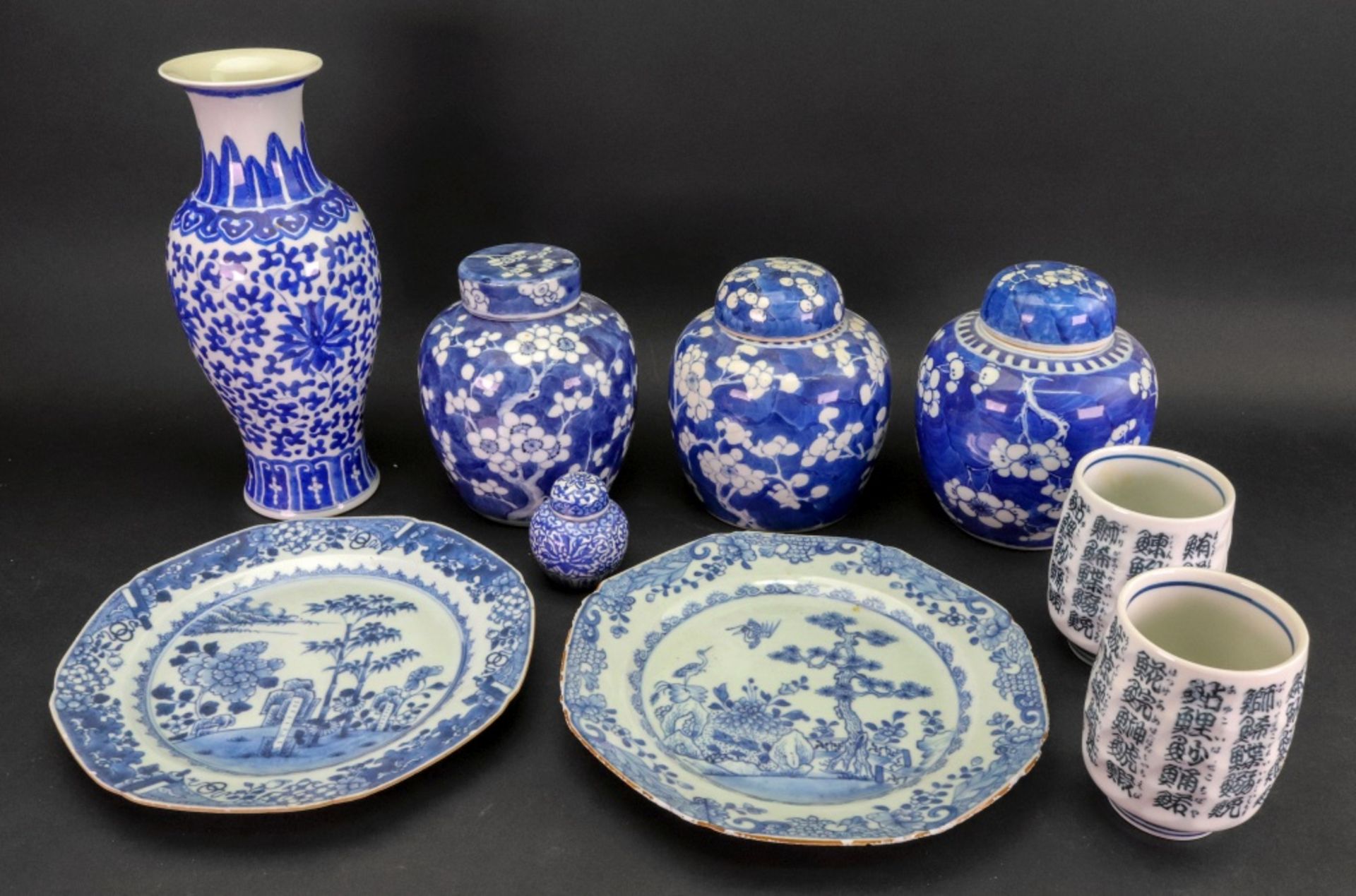 A group of Chinese blue and white porcelain, 18th century and later comprising; two plates,