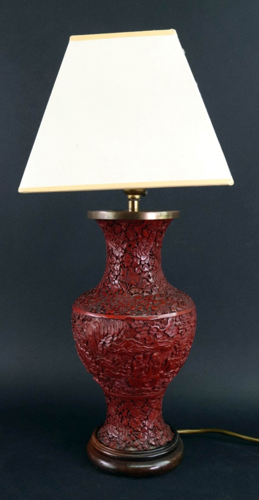 A Chinese cinnabar lacquer baluster vase adapted as a table lamp, 20th century, - Image 2 of 2