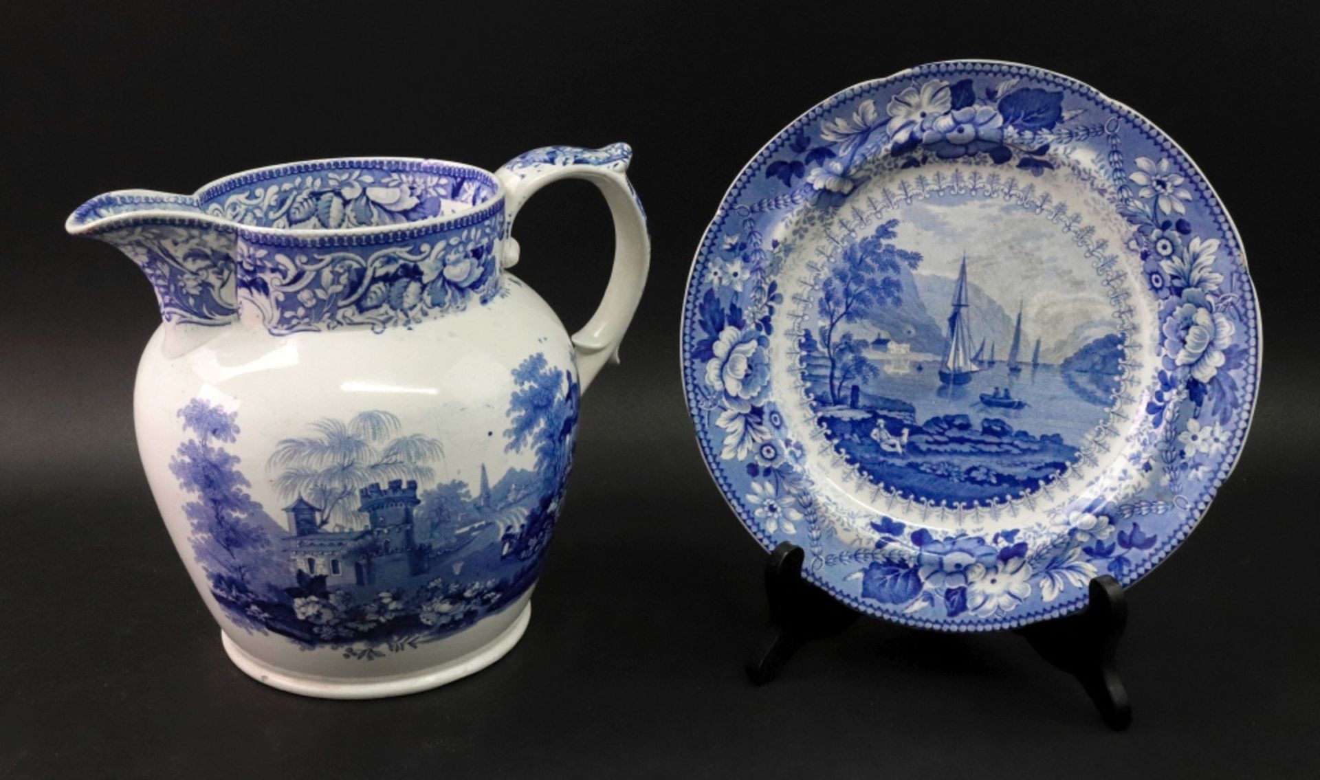 A large Staffordshire pearlware baluster shape jug, early 19th century, transfer printed in blue,