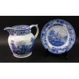 A large Staffordshire pearlware baluster shape jug, early 19th century, transfer printed in blue,