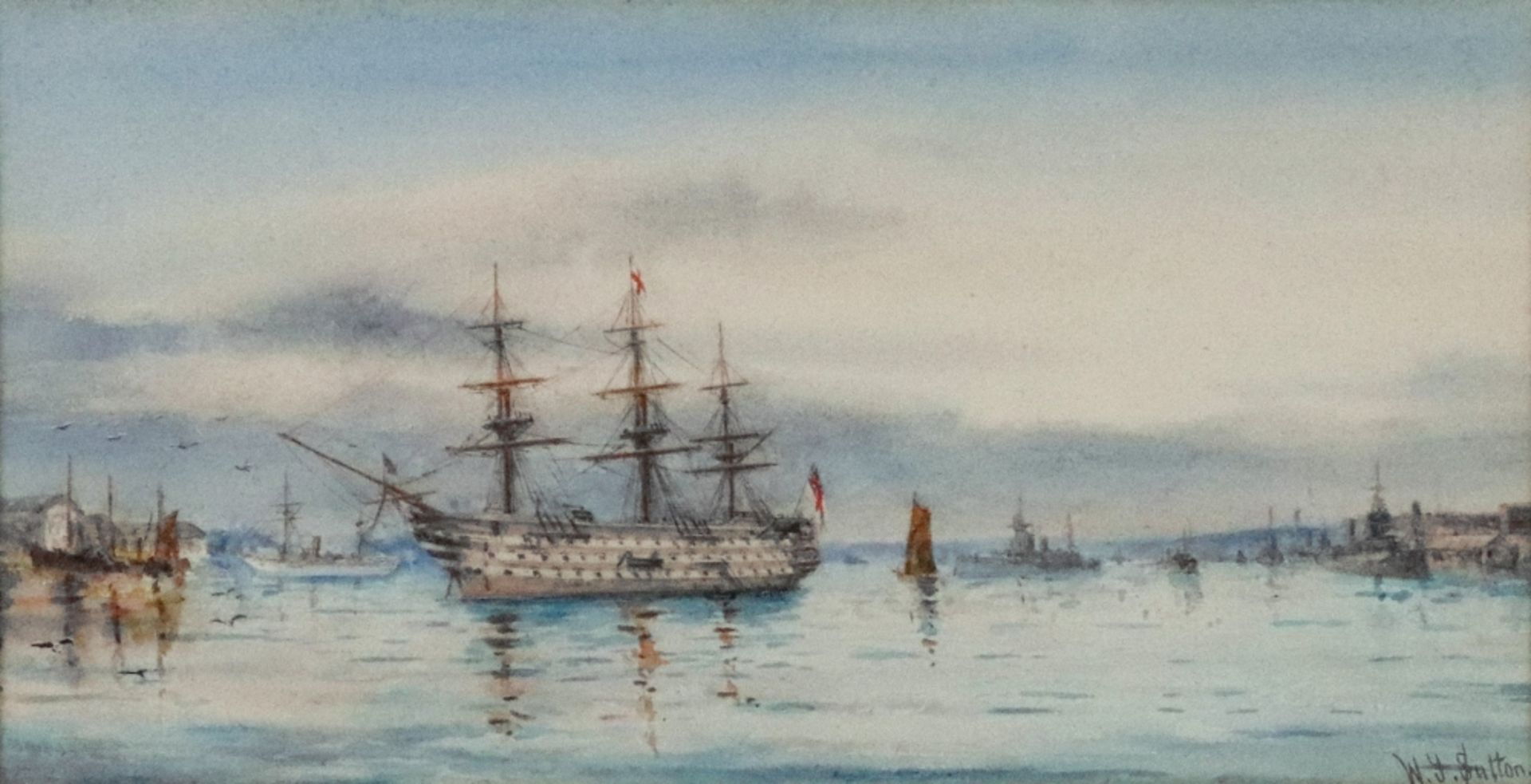 W J Sutton (British, late 19th/early 20th Century), A Royal Navy square rigged ship,