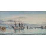 W J Sutton (British, late 19th/early 20th Century), A Royal Navy square rigged ship,