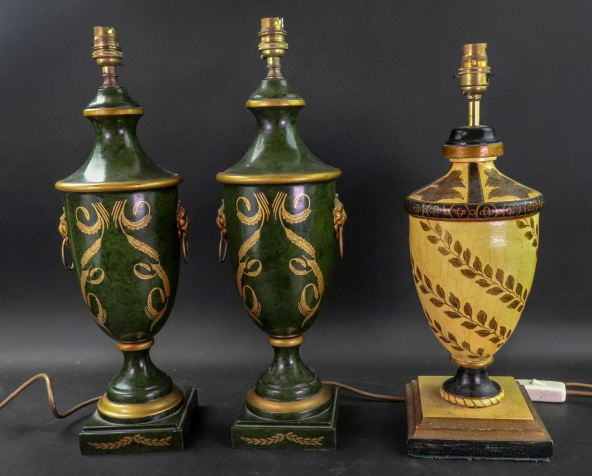 A pair of reproduction Empire style tole peintre classical vase shape table lamps,