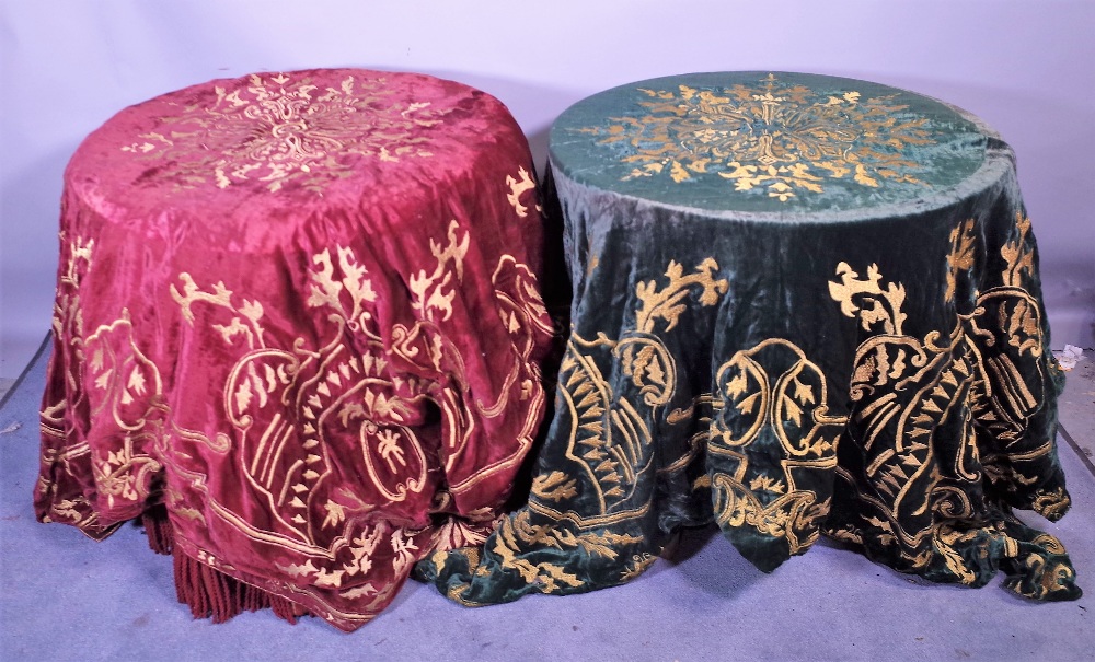 An early 20th century red velvet and gold thread embroidered table cloth and another in green, (2).