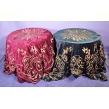 An early 20th century red velvet and gold thread embroidered table cloth and another in green, (2).