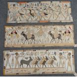 Three decoupage textile panels, each depicting ancient Egyptian scenes within a grey border,