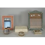 A collection of shagreen wares including; two strut back table mirrors, 32cm high, a cigarette box,