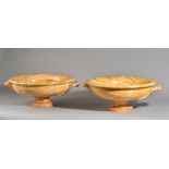 A pair of Giallo marble two handled tazza, each of circular shallow urn form, (a.f.