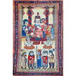 A Persian rug, woven with a courtly scene depicting Nader Shah Afshar in the Kirman Laver manner,