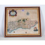 A Mordens map of Sussex (circa.1720) framed and glazed, 46cm wide x 39cm high.