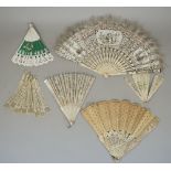 A French silk fan, 18th century, with carved bone sticks and painted foliate decoration, 26.