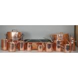 A part Batterie de cuisine, copper with brass or steel mounts,
