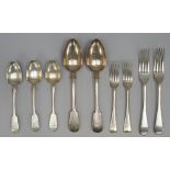 Silver table flatware, various patterns, dates and makers, comprising; thirty one dessert spoons,