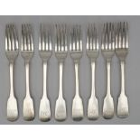 Eight silver fiddle pattern dessert forks, comprising; five Exeter 1850 and three Exeter 1828,