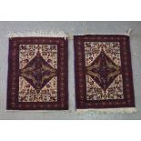 A pair of Baluchistan mats, each with an indigo field with four birds, ivory floral vase spandrels,