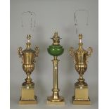 A brass oil lamp with green glass reservoir of column form (converted) and a pair of Victorian