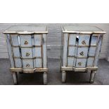 A pair of mirrored glass breakfront three drawer bedside tables, on tapering square supports,