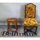 An 18th century French side chair on 'X' frame base and a 20th century elm and pine stool,