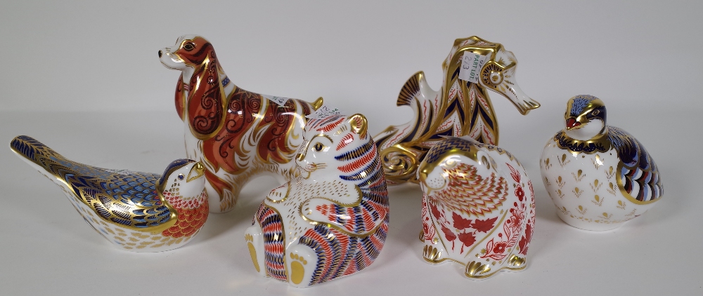 Six Royal Crown Derby Imari paperweights including a partridge, blue bird, seahorse, spaniel,