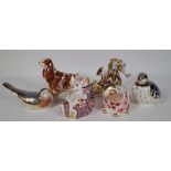 Six Royal Crown Derby Imari paperweights including a partridge, blue bird, seahorse, spaniel,