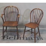 A set of four ash and elm stick back scullery chairs, one stamped T.C to underside, (4).