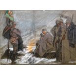 English School (early 20th century), King Peter Crossing the Alba, coloured chalks, inscribed, 52.