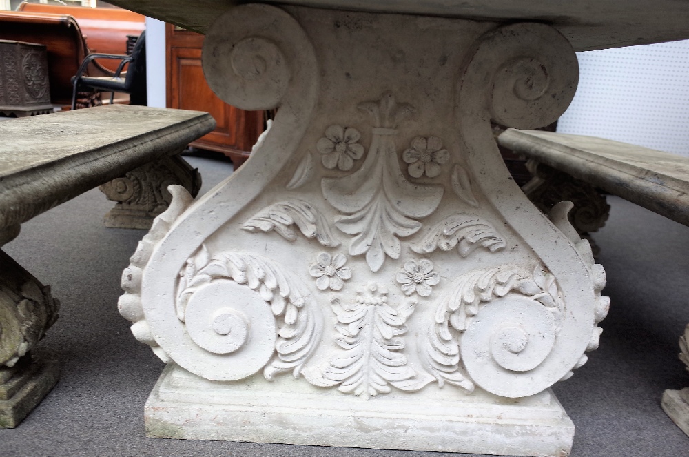 A faux stone rectangular garden table on a pair of acanthus scrolling trestle supports, - Image 2 of 4