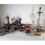 A 20th century model of a motorbike, 67cm long, a similar model of a double decker bus,