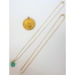 A 9ct gold bar and oval link neckchain, on a boltring clasp, weight 2 gms, a turquoise pendant,