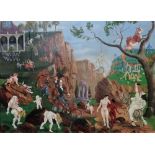 Continental School, (19th/20th century), Figures and animals in a fantasy landscape, oil on canvas,