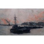 Follower of William Lionel Wyllie, Vessels at sunset, watercolour, bears a signature and date,