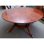After Robert Jupe; a 20th figured oak circular extending dining table, on four downswept supports,