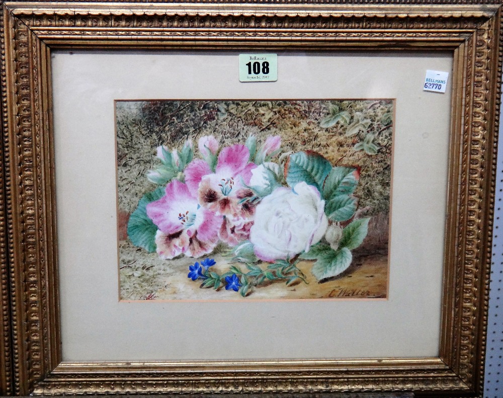 E. Walter, (exh. 1855-1891), Floral still lives, a pair, watercolour, both signed, each 17cm x 22cm.