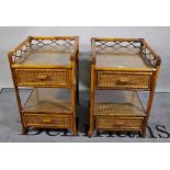 A pair of bamboo and rattan two tier bedside tables, 70cm high x 42cm wide.