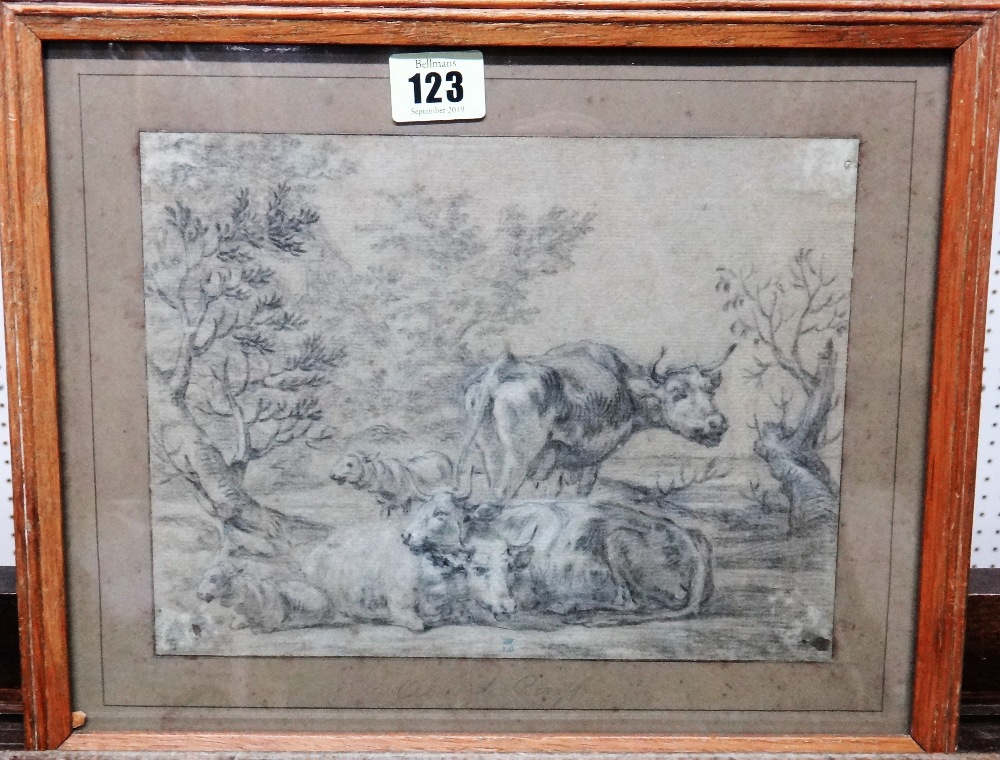 A group of five, including a charcoal drawing of cattle in the manner of Albert Cuyp,