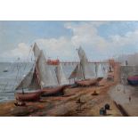 English School (19th century), View of boats on the beach, near the Pier in Brighton, oil on card,