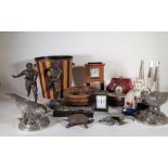 A group of 20th century decorative items including spelter figures, clocks,