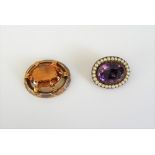 A gold backed, amethyst and half pearl set oval brooch,