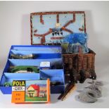 Collectables including rocks, fossils, train set, marbles, a hamper and sundry.