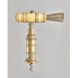 A mid 19th century Thomason type brass barrel corkscrew, with turned bone handle and brush,