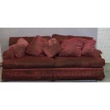 A 20th century hardwood framed three seater sofa on tapering square supports, 215cm wide.