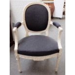 A Louis XVI later white painted open armchair / fauteuil with bow seat on tapering fluted supports