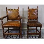 A set of six 18th century style oak dining chairs with studded leather upholstery to include two