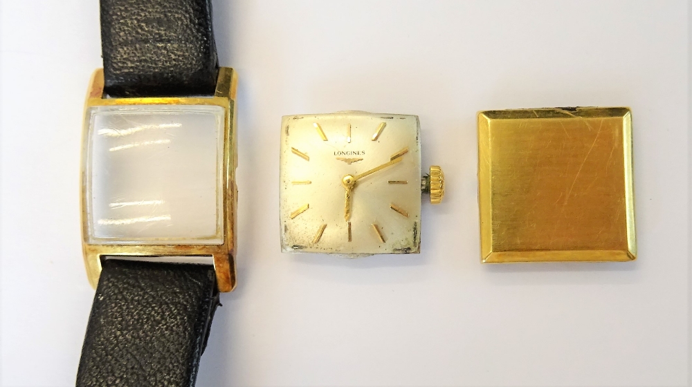 A Longines gold square cased lady's wristwatch, with a signed jewelled movement,