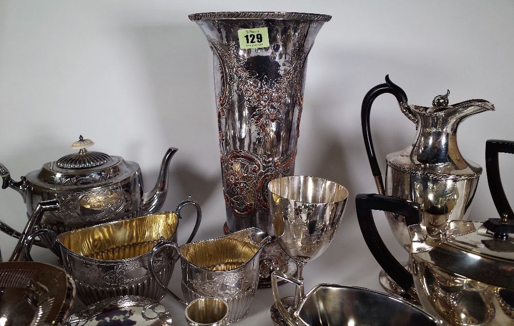 Silver plated wares, including; a vase of tapering form, tea pots, jugs, napkin rings and flatware, - Image 4 of 4
